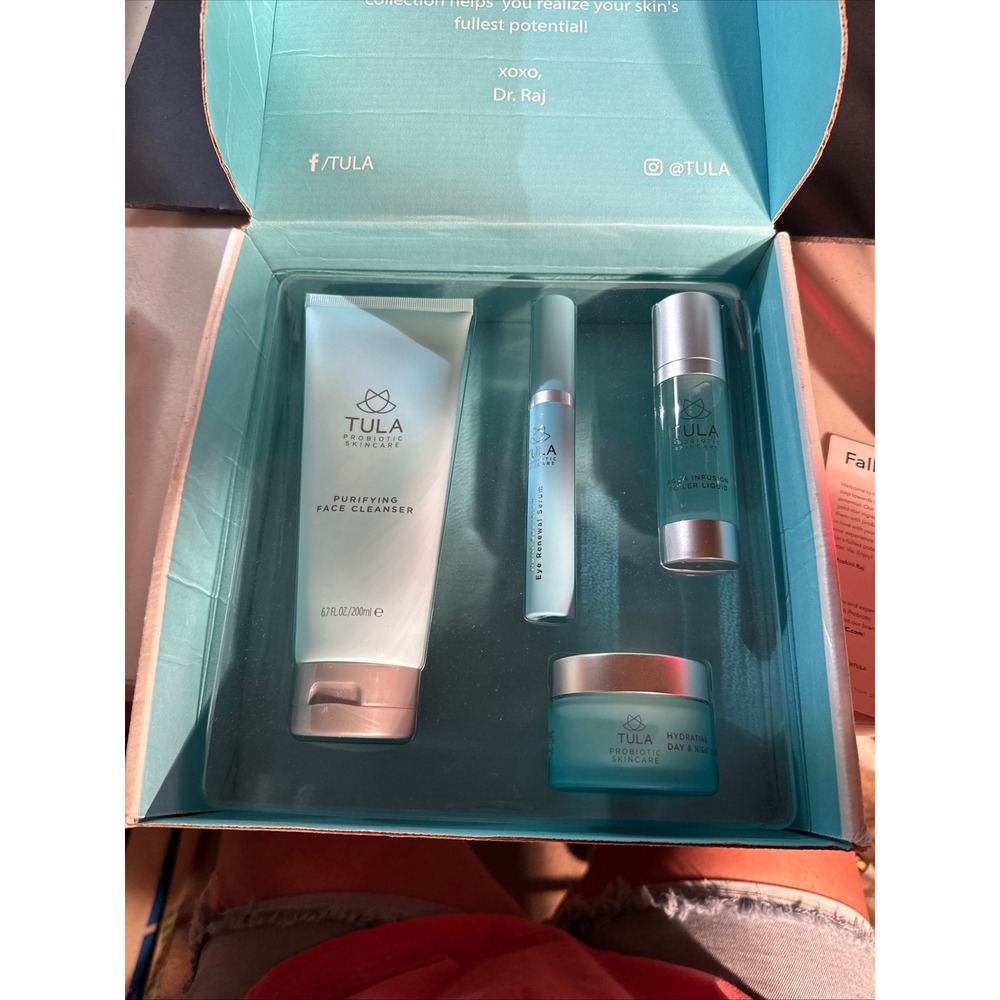 New Tula Probiotic Skincare 4 Piece Set Cleanser Eye Serum Power Liquid Cream